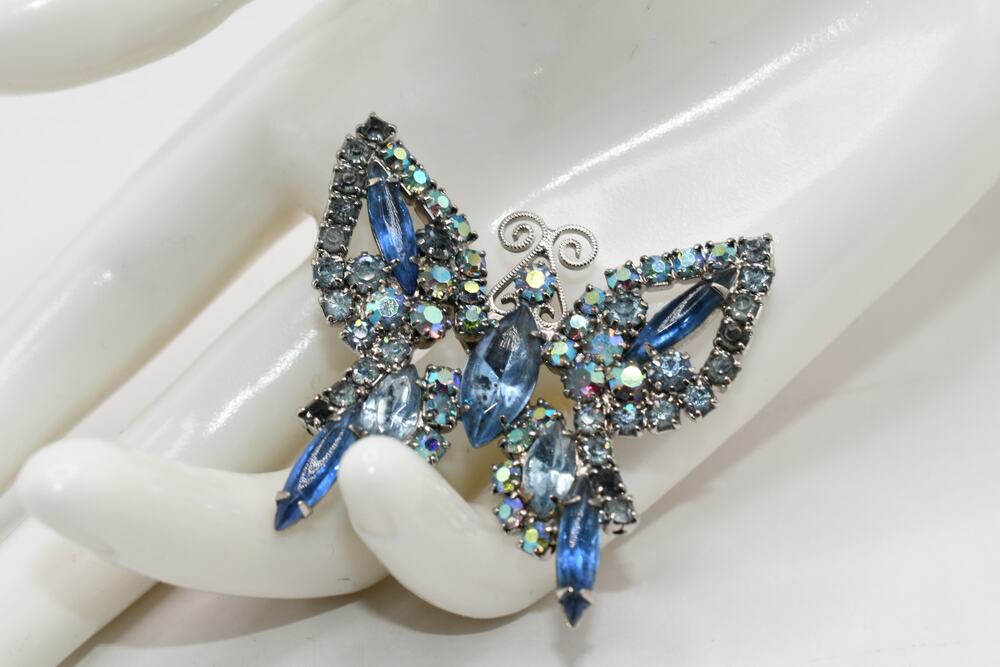 Vintage Blue Rhinestone Butterfly Brooch AB Rhodium Designer Style